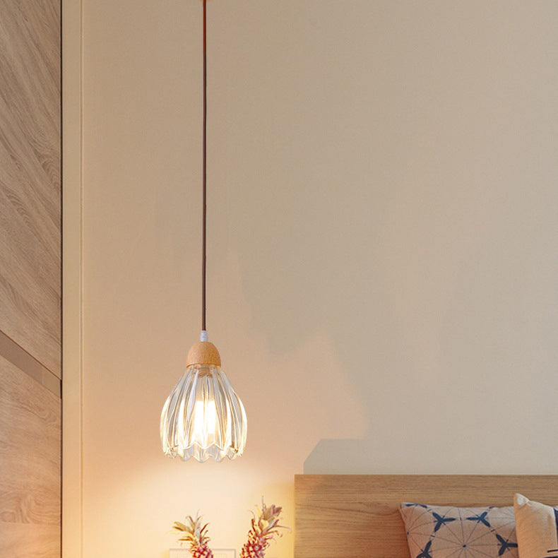 Traditional Japanese Round Cup Shape Wood Glass 1-Light Pendant Light For Living Room