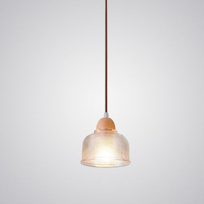 Traditional Japanese Round Cup Shape Wood Glass 1-Light Pendant Light For Living Room
