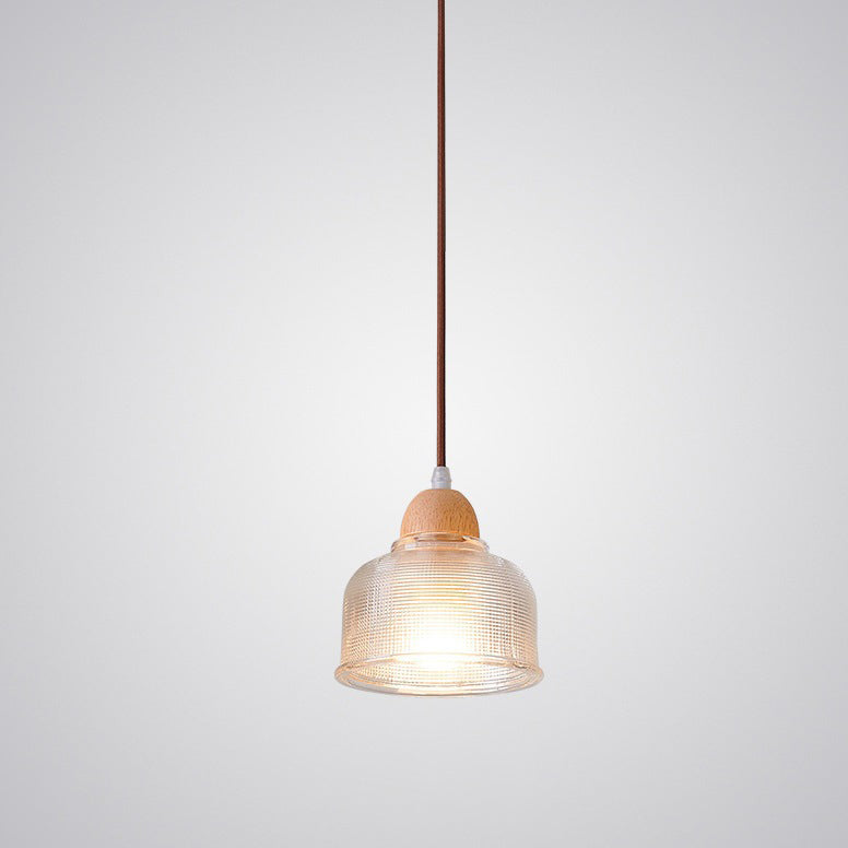Traditional Japanese Round Cup Shape Wood Glass 1-Light Pendant Light For Living Room