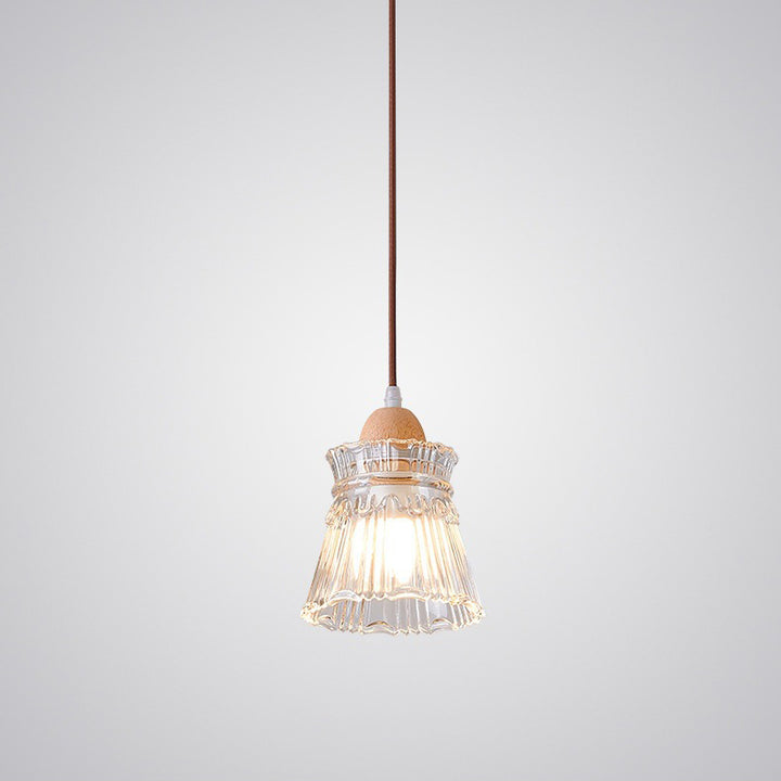Traditional Japanese Round Cup Shape Wood Glass 1-Light Pendant Light For Living Room