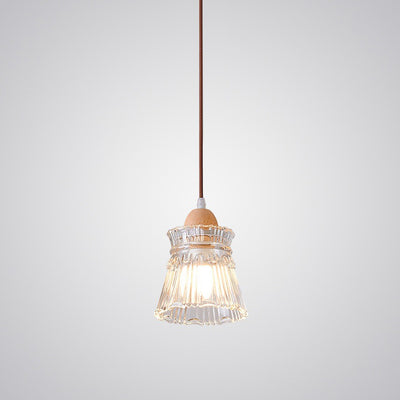 Traditional Japanese Round Cup Shape Wood Glass 1-Light Pendant Light For Living Room
