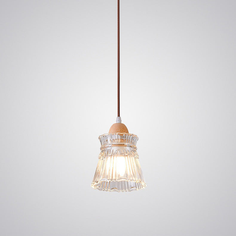 Traditional Japanese Round Cup Shape Wood Glass 1-Light Pendant Light For Living Room