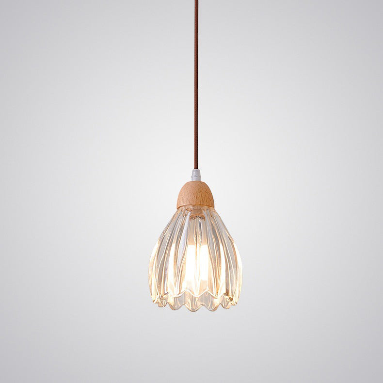 Traditional Japanese Round Cup Shape Wood Glass 1-Light Pendant Light For Living Room