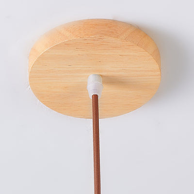 Traditional Japanese Round Cup Shape Wood Glass 1-Light Pendant Light For Living Room