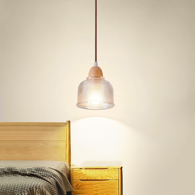 Traditional Japanese Round Cup Shape Wood Glass 1-Light Pendant Light For Living Room