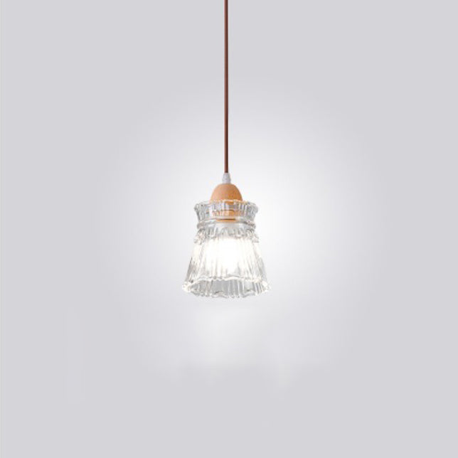 Traditional Japanese Round Cup Shape Wood Glass 1-Light Pendant Light For Living Room