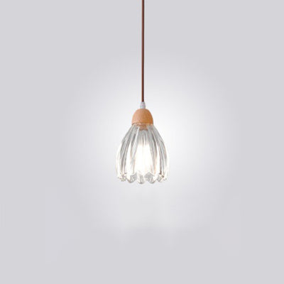 Traditional Japanese Round Cup Shape Wood Glass 1-Light Pendant Light For Living Room