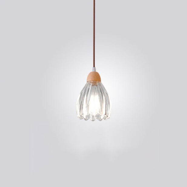 Traditional Japanese Round Cup Shape Wood Glass 1-Light Pendant Light For Living Room