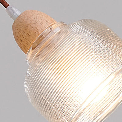 Traditional Japanese Round Cup Shape Wood Glass 1-Light Pendant Light For Living Room