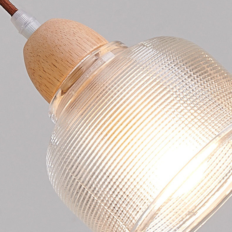 Traditional Japanese Round Cup Shape Wood Glass 1-Light Pendant Light For Living Room