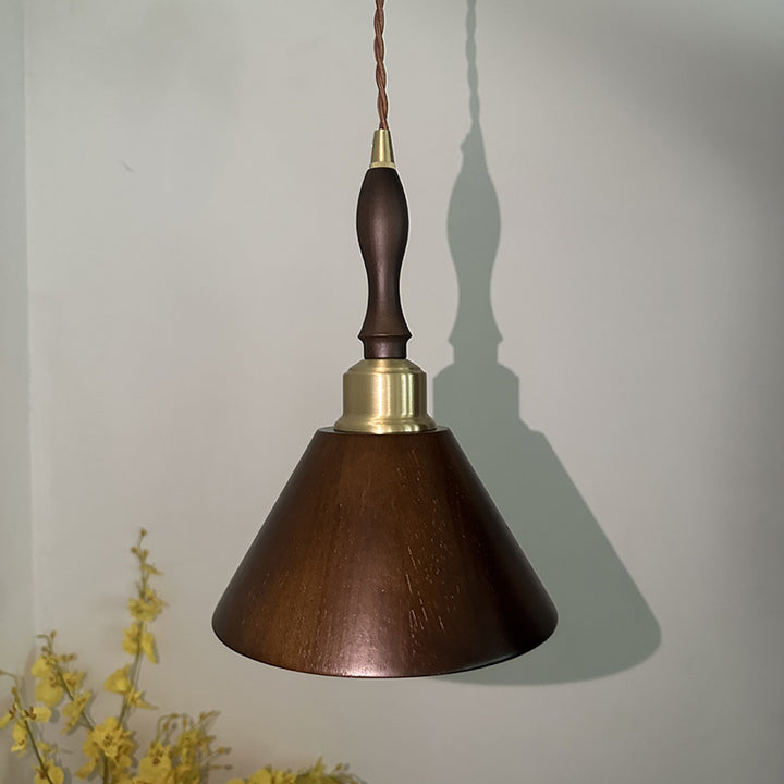 Zeitgenössische Retro Runde Kegel Holz 1-Licht Pendelleuchte Für Wohnzimmer 