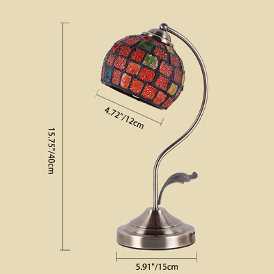 Traditional Tiffany Round Dome Curved Pole Hardware Base Stained Glass Shade 1-Light Table Lamp For Bedroom