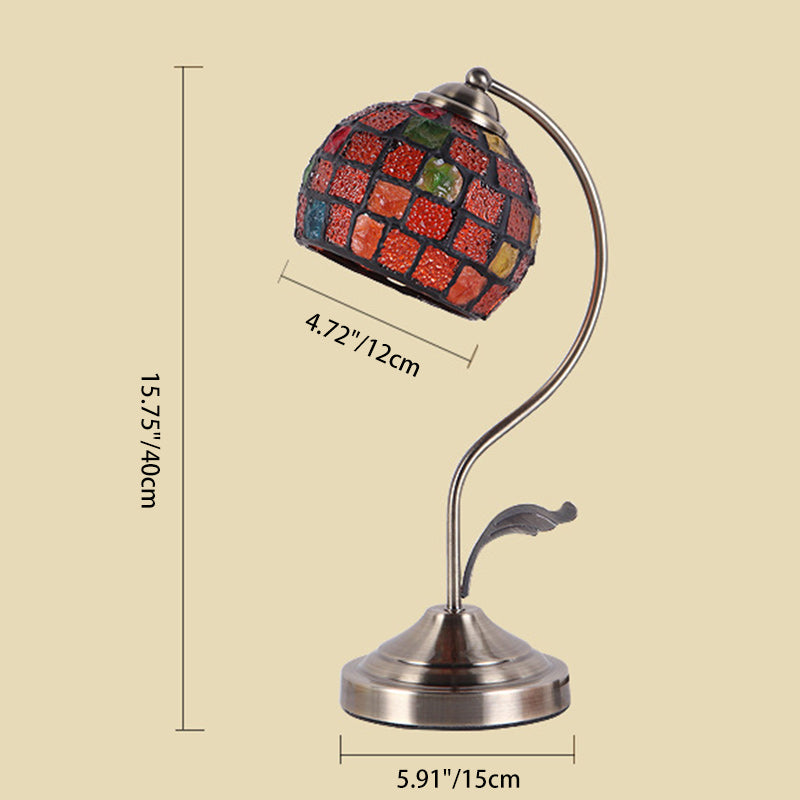 Traditional Tiffany Round Dome Curved Pole Hardware Base Stained Glass Shade 1-Light Table Lamp For Bedroom