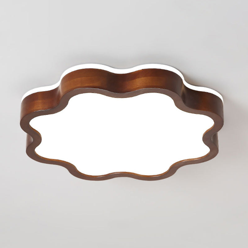 Contemporary Creative Cloud Shape Wood Grain Rubberwood Acrylic Shade LED Flush Mount Ceiling Light For Living Room