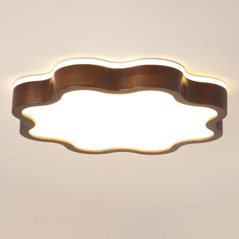 Contemporary Creative Cloud Shape Wood Grain Rubberwood Acrylic Shade LED Flush Mount Ceiling Light For Living Room