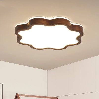 Contemporary Creative Cloud Shape Wood Grain Rubberwood Acrylic Shade LED Flush Mount Ceiling Light For Living Room