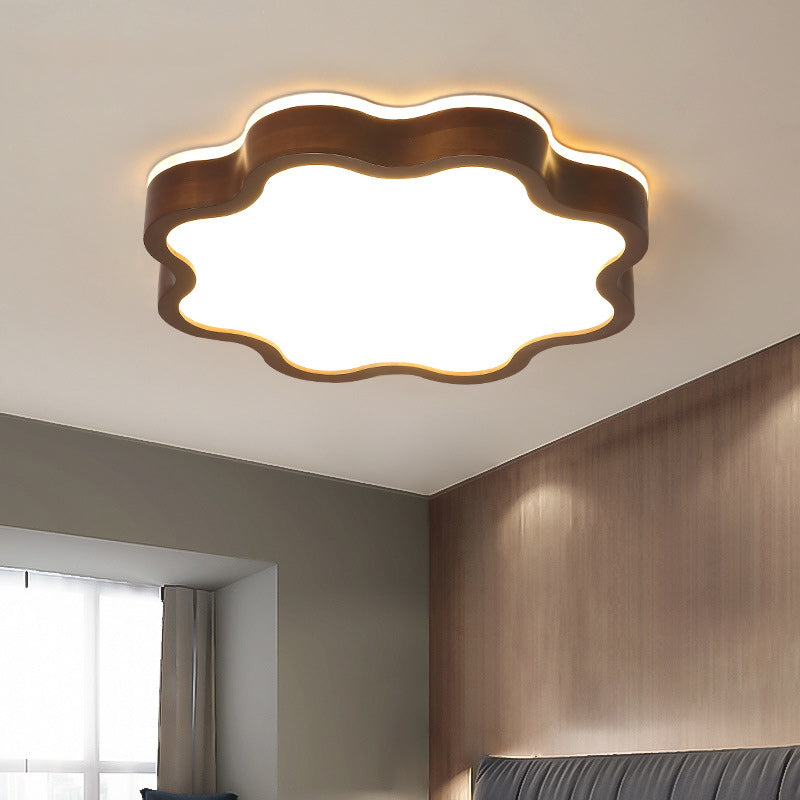 Contemporary Creative Cloud Shape Wood Grain Rubberwood Acrylic Shade LED Flush Mount Ceiling Light For Living Room