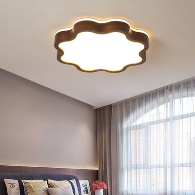 Contemporary Creative Cloud Shape Wood Grain Rubberwood Acrylic Shade LED Flush Mount Ceiling Light For Living Room