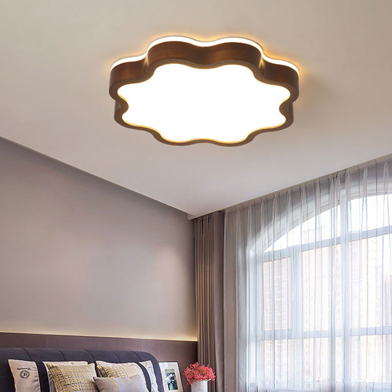 Contemporary Creative Cloud Shape Wood Grain Rubberwood Acrylic Shade LED Flush Mount Ceiling Light For Living Room