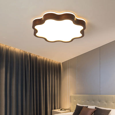 Contemporary Creative Cloud Shape Wood Grain Rubberwood Acrylic Shade LED Flush Mount Ceiling Light For Living Room
