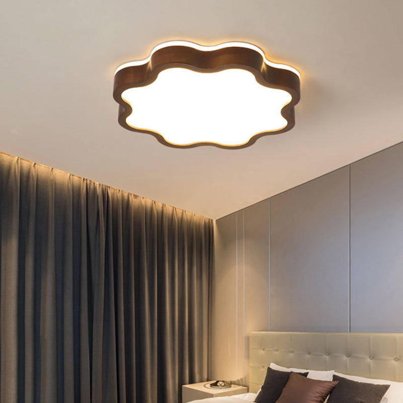 Contemporary Creative Cloud Shape Wood Grain Rubberwood Acrylic Shade LED Flush Mount Ceiling Light For Living Room