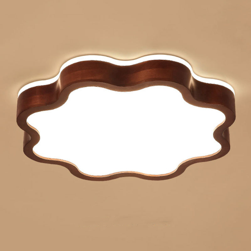 Contemporary Creative Cloud Shape Wood Grain Rubberwood Acrylic Shade LED Flush Mount Ceiling Light For Living Room
