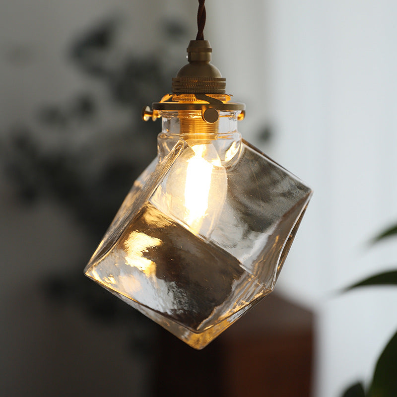 Traditional Japanese Square Ice Cube Glass Shade 1-Light Pendant Light For Living Room