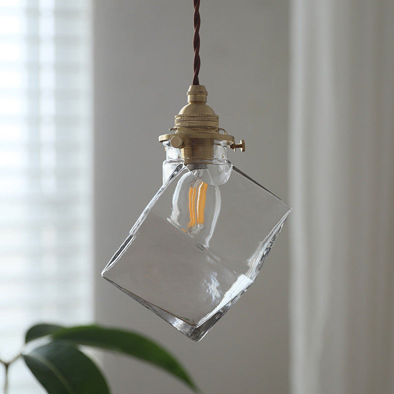 Traditional Japanese Square Ice Cube Glass Shade 1-Light Pendant Light For Living Room