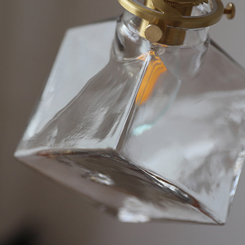 Traditionelle japanische quadratische 1-flammige Pendelleuchte mit Eiswürfel-Glas, Kupfer und Eisen für das Wohnzimmer 