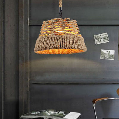 Traditional Vintage Round Iron Hemp Rope Shade 1-Light Pendant Light For Living Room