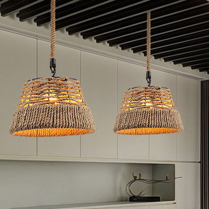 Traditional Vintage Round Iron Hemp Rope Shade 1-Light Pendant Light For Living Room