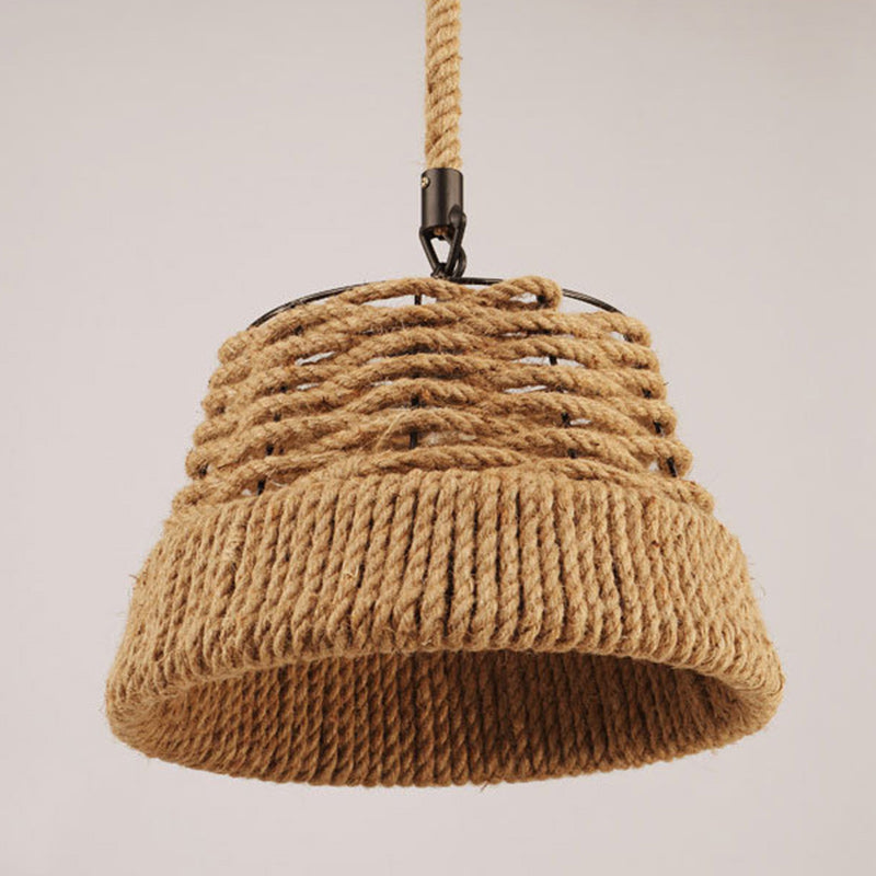Traditional Vintage Round Iron Hemp Rope Shade 1-Light Pendant Light For Living Room