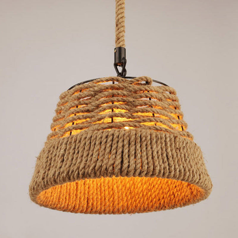 Traditional Vintage Round Iron Hemp Rope Shade 1-Light Pendant Light For Living Room
