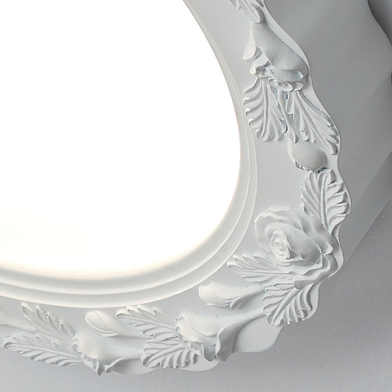 Traditional French Round Carved Flower Iron Resin Acrylic LED Flush Mount Ceiling Light For Bedroom
