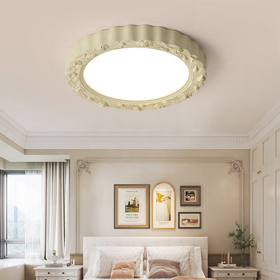 Traditional French Round Carved Flower Iron Resin Acrylic LED Flush Mount Ceiling Light For Bedroom