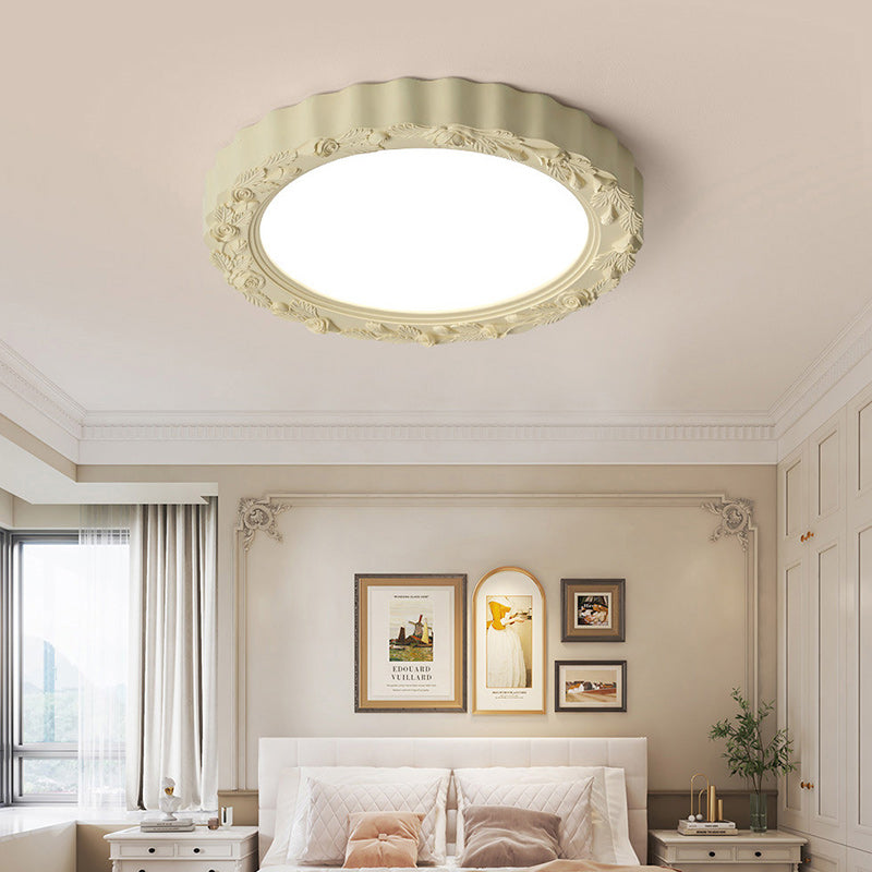 Traditional French Round Carved Flower Iron Resin Acrylic LED Flush Mount Ceiling Light For Bedroom