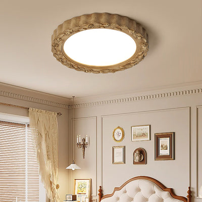 Traditional French Round Carved Flower Iron Resin Acrylic LED Flush Mount Ceiling Light For Bedroom