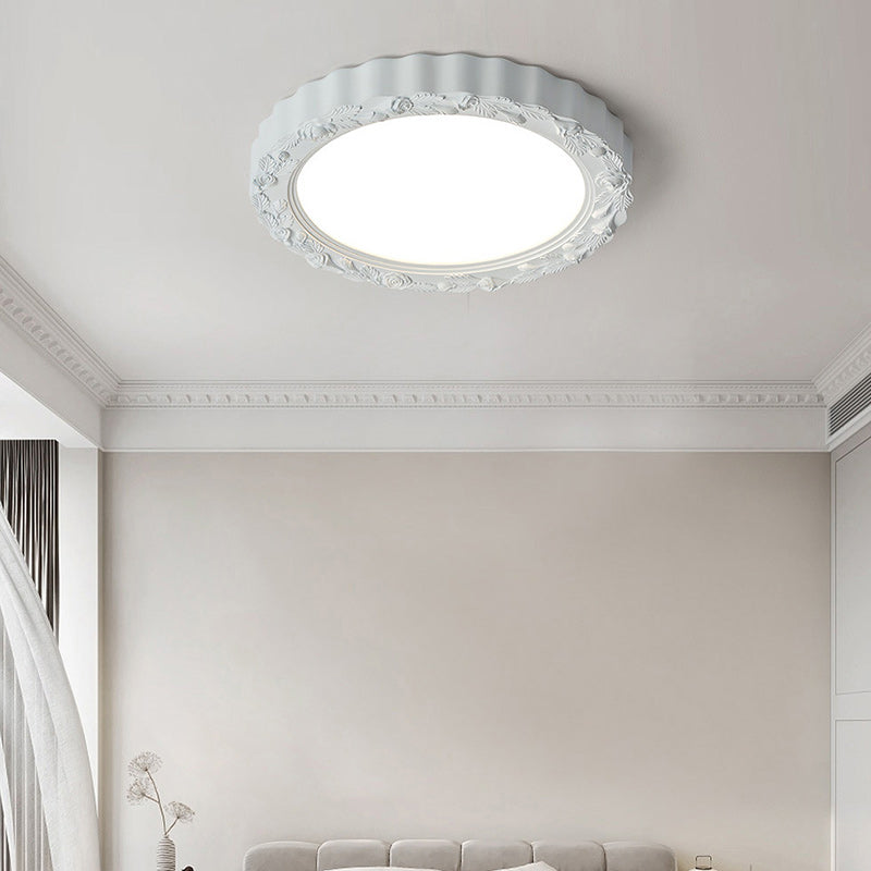 Traditional French Round Carved Flower Iron Resin Acrylic LED Flush Mount Ceiling Light For Bedroom