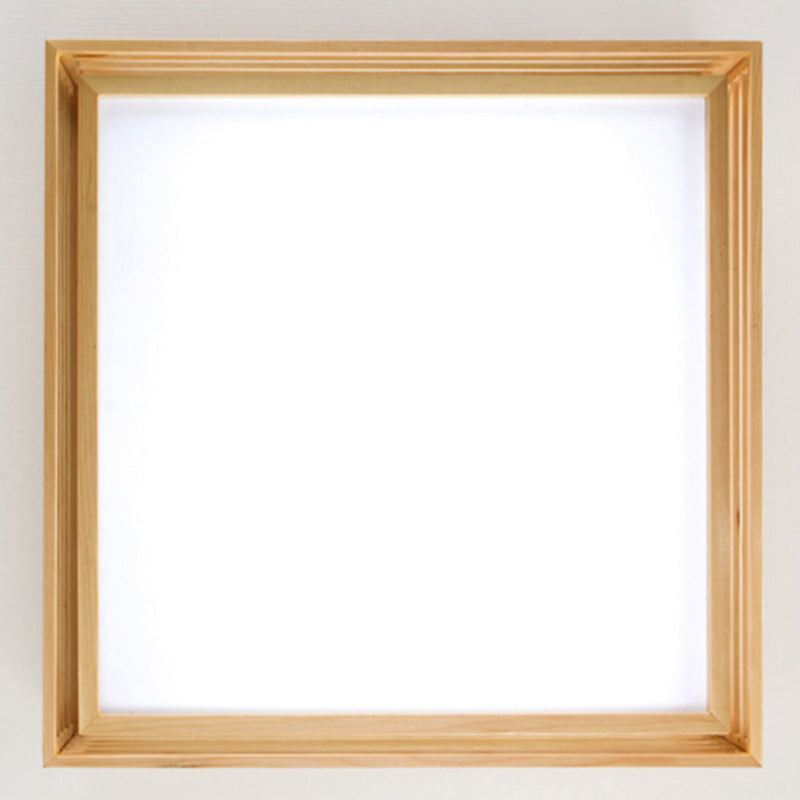 Traditional Japanese Square Pine Wood Frame Acrylic Shade LED Flush Mount Ceiling Light For Bedroom