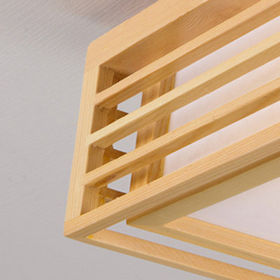 Traditional Japanese Square Pine Wood Frame Acrylic Shade LED Flush Mount Ceiling Light For Bedroom