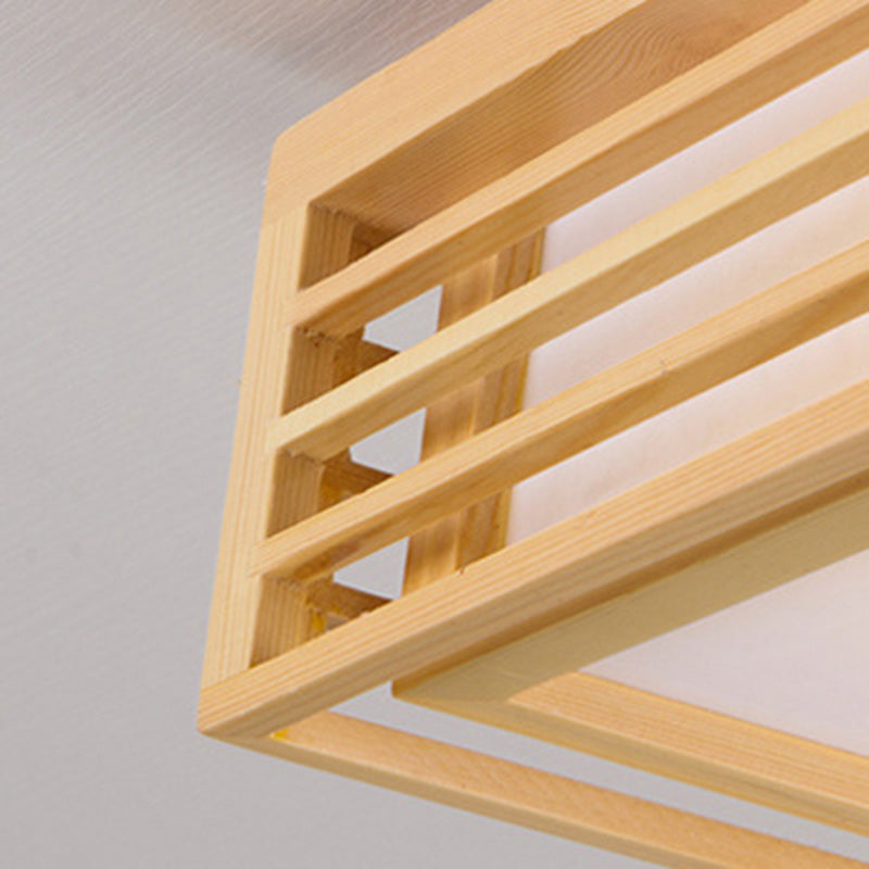 Traditional Japanese Square Pine Wood Frame Acrylic Shade LED Flush Mount Ceiling Light For Bedroom