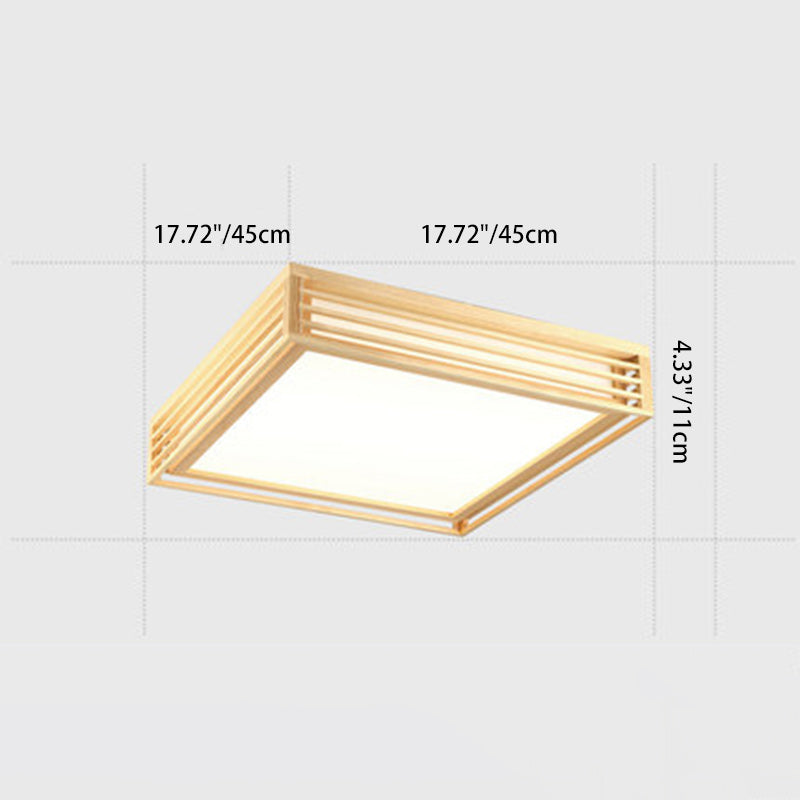 Traditional Japanese Square Pine Wood Frame Acrylic Shade LED Flush Mount Ceiling Light For Bedroom