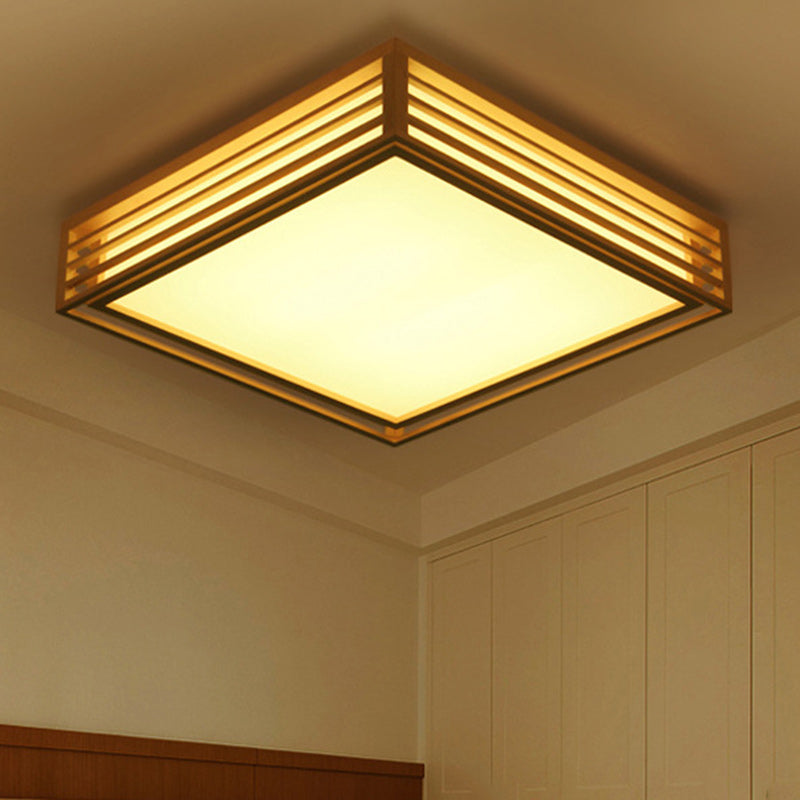 Traditional Japanese Square Pine Wood Frame Acrylic Shade LED Flush Mount Ceiling Light For Bedroom