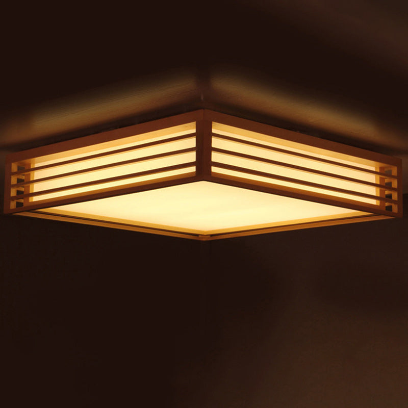 Traditional Japanese Square Pine Wood Frame Acrylic Shade LED Flush Mount Ceiling Light For Bedroom
