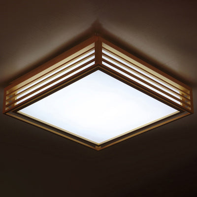 Traditional Japanese Square Pine Wood Frame Acrylic Shade LED Flush Mount Ceiling Light For Bedroom