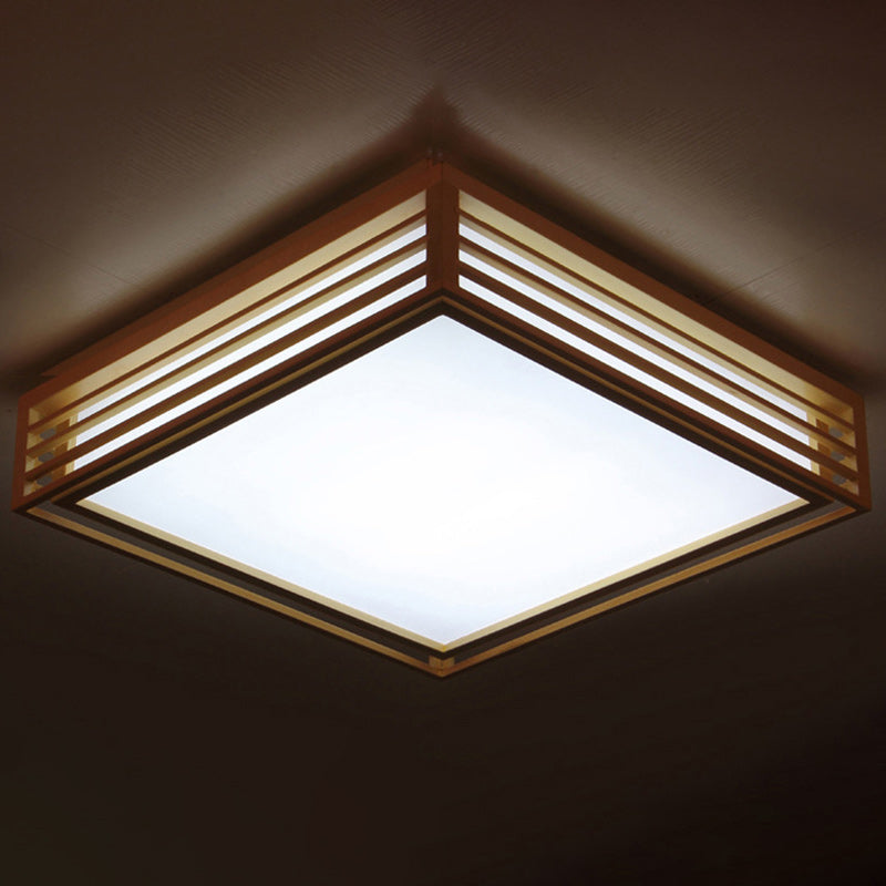 Traditional Japanese Square Pine Wood Frame Acrylic Shade LED Flush Mount Ceiling Light For Bedroom
