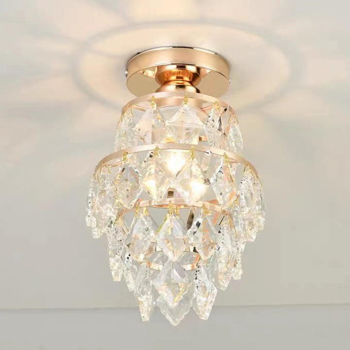 Traditional European Round Metal Frame Crystal Shade 1-Light Semi-Flush Mount Ceiling Light For Hallway