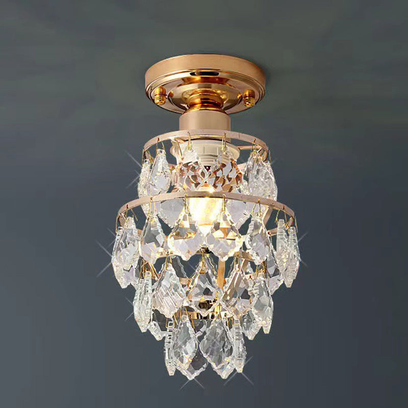 Traditional European Round Metal Frame Crystal Shade 1-Light Semi-Flush Mount Ceiling Light For Hallway