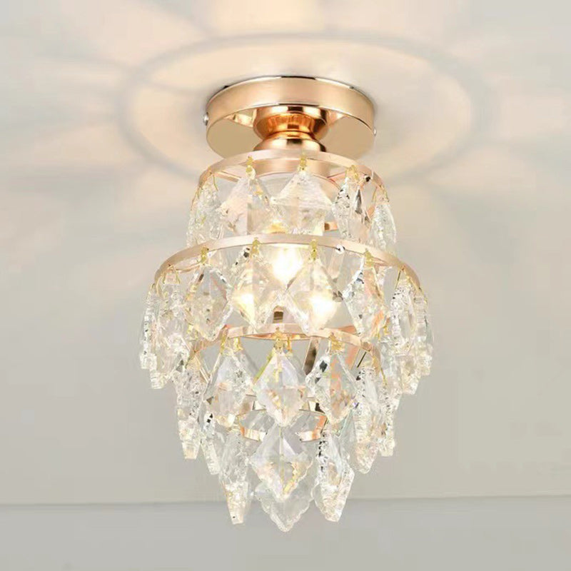 Traditional European Round Metal Frame Crystal Shade 1-Light Semi-Flush Mount Ceiling Light For Hallway