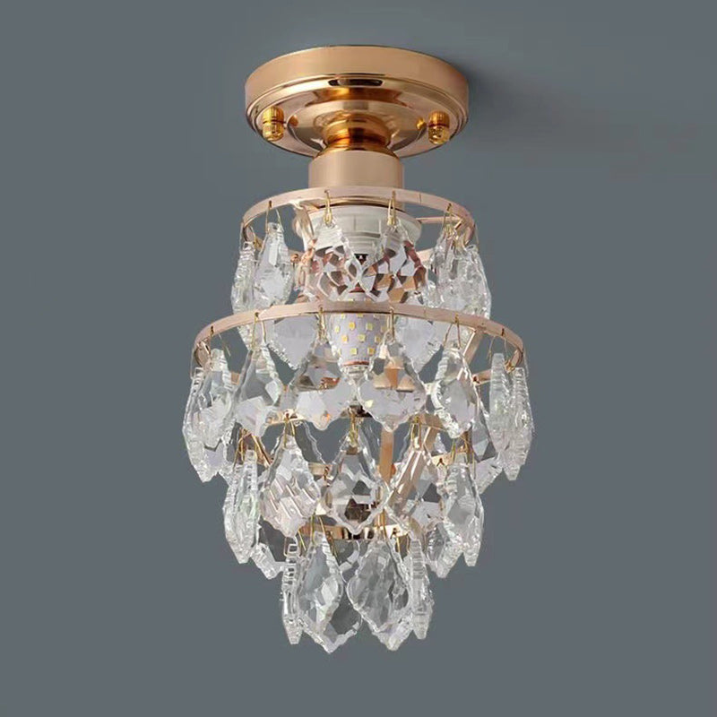 Traditional European Round Metal Frame Crystal Shade 1-Light Semi-Flush Mount Ceiling Light For Hallway